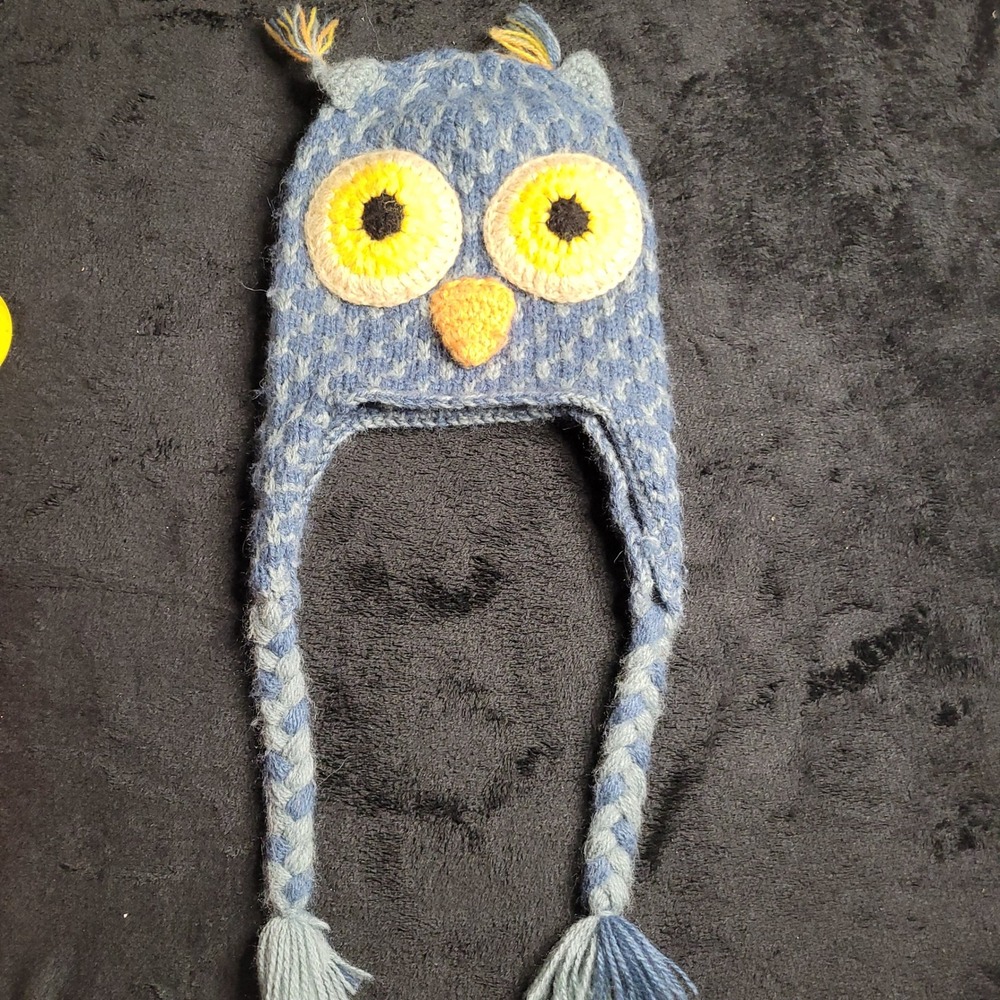 Andes Gifts Blue Gray Owl Knit Hat with Braided Ties Alpaca Blend